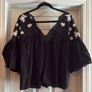 Maeve Black Peasant Blouse with White Floral Embroidery